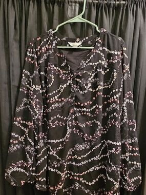 CJ Banks Black Floral Button-Neck Tunic with Pink and White Blossoms